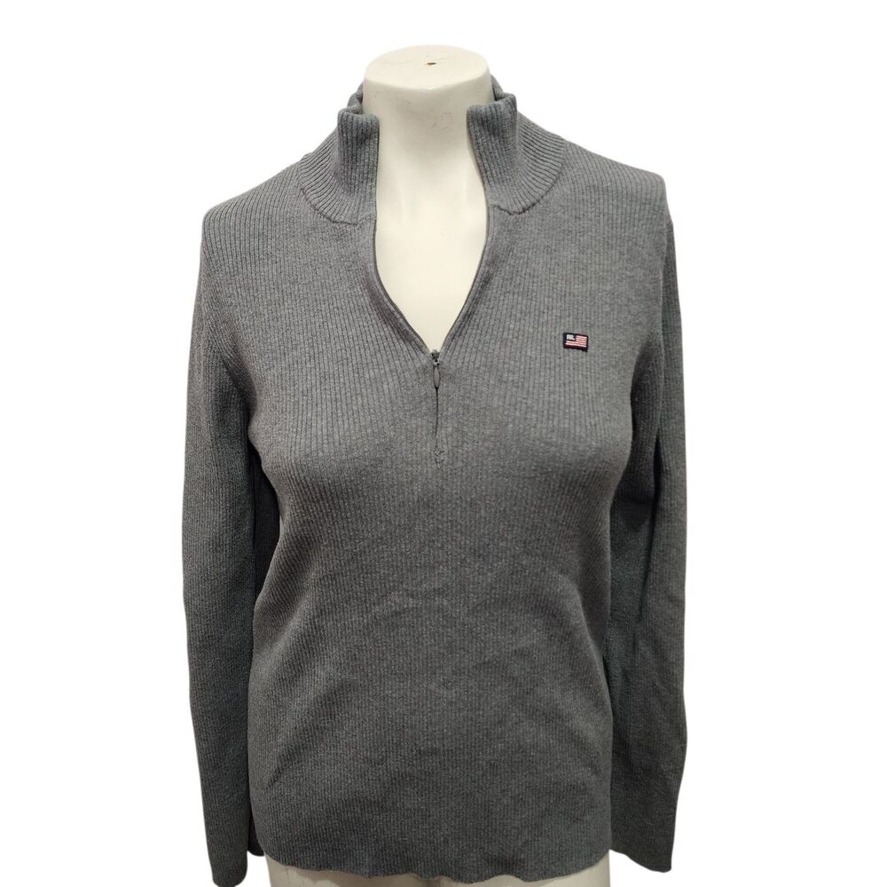 Polo Ralph Lauren Gray Ribbed Quarter Zip Sweater‎ Womens XL Flag Logo